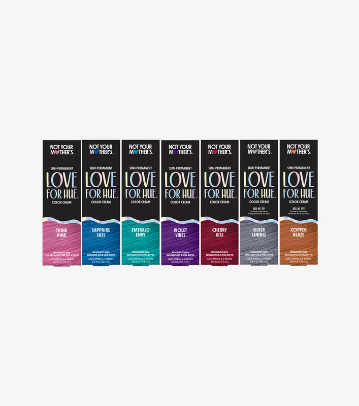 All seven shades of the Love for Hue semi-permanent hair color cream.
